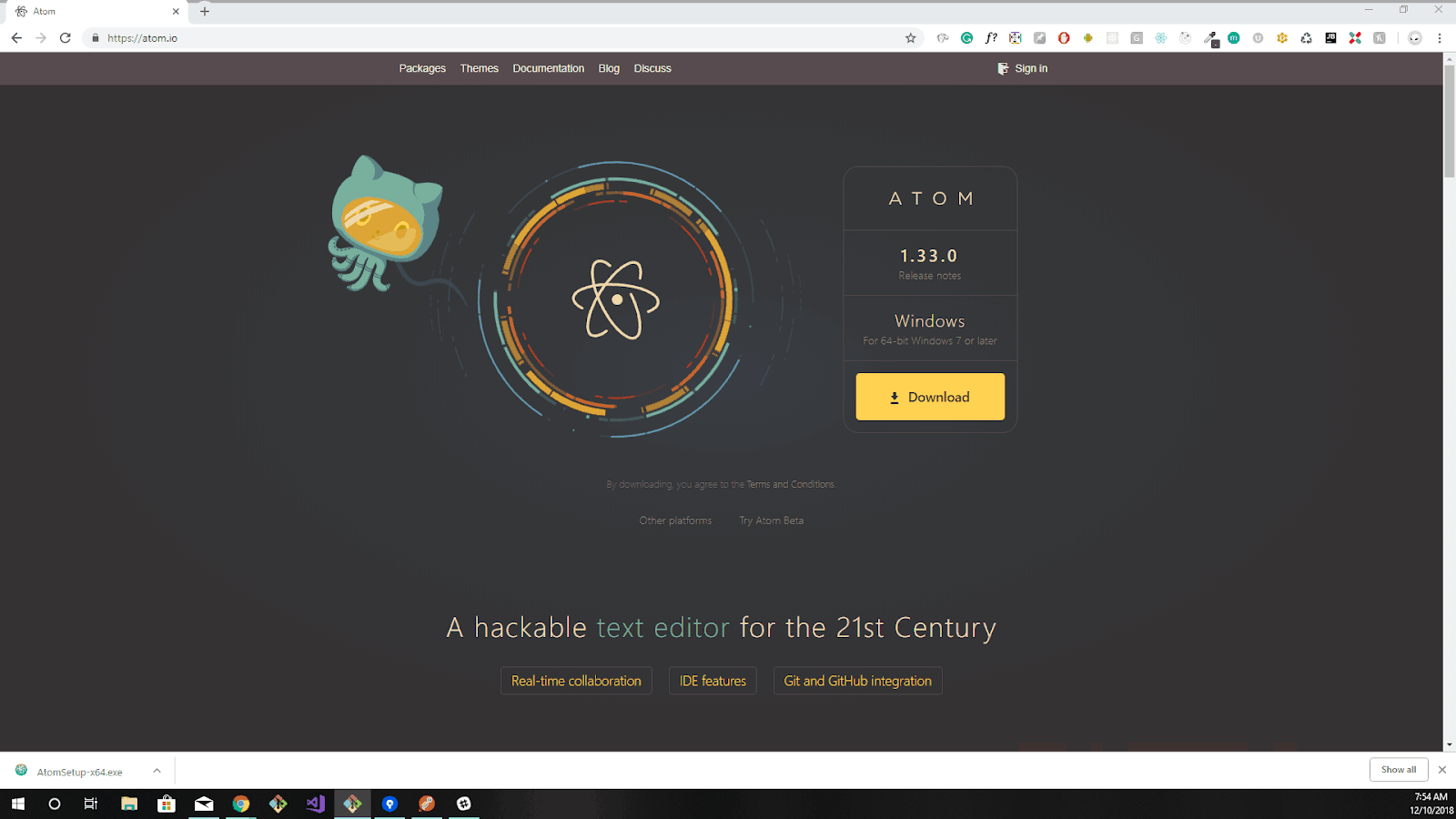 screenshot of atom.io homepage on Windows